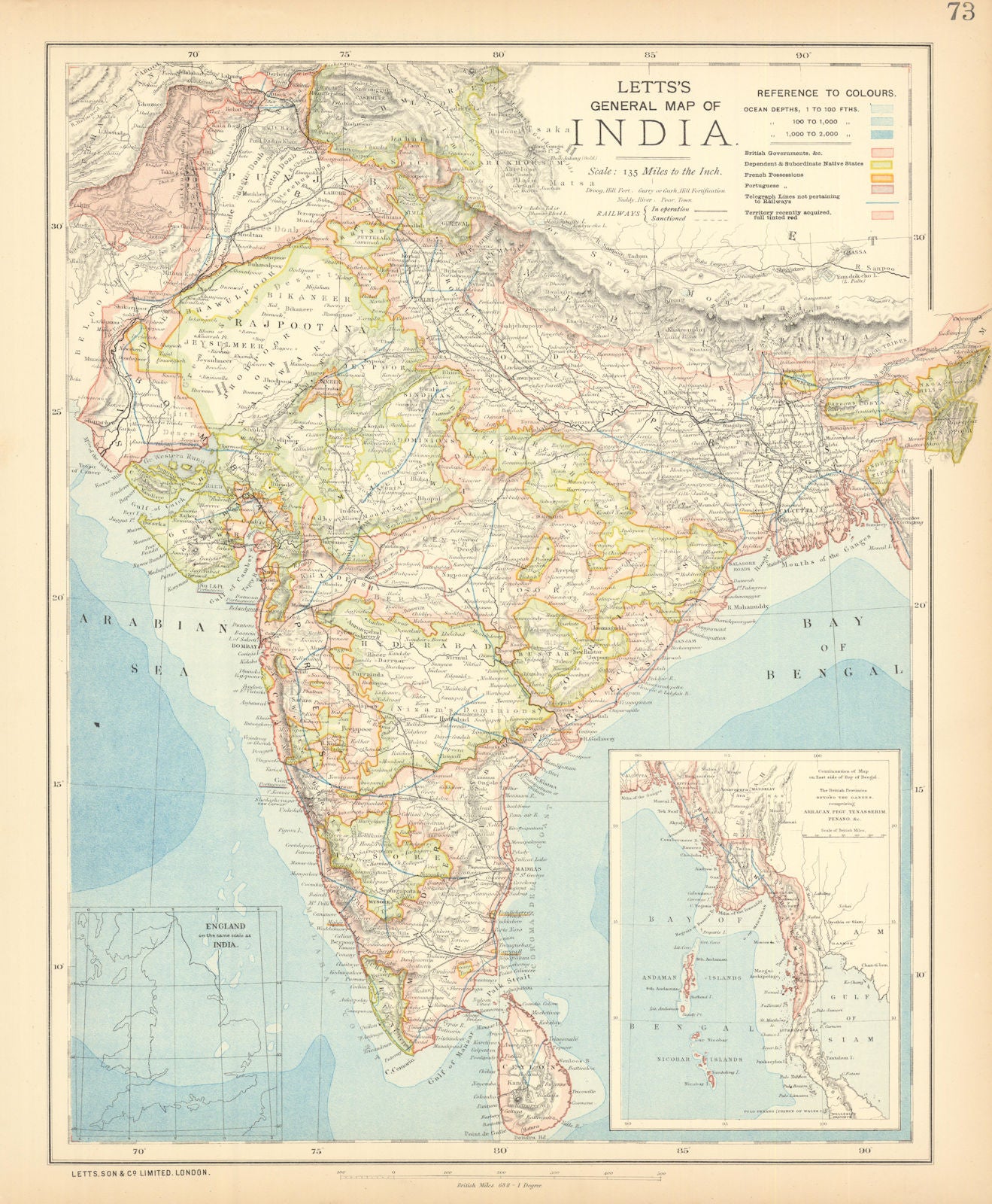 BRITISH INDIA French Portuguese Native states Railways telegraphs LETTS 1892 map